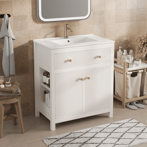 Móvel de casa de banho para lavatório 81 x 46,5 cm - lavatório em cerâmica, 1 gaveta + 1 porta com fecho suave, design moderno estriado, independente - Branco