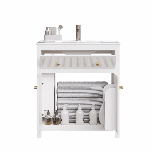 Móvel de casa de banho para lavatório 81 x 46,5 cm - lavatório em cerâmica, 1 gaveta + 1 porta com fecho suave, design moderno estriado, independente - Branco