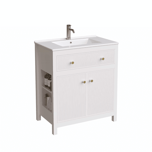 Móvel de casa de banho para lavatório 81 x 46,5 cm - lavatório em cerâmica, 1 gaveta + 1 porta com fecho suave, design moderno estriado, independente - Branco