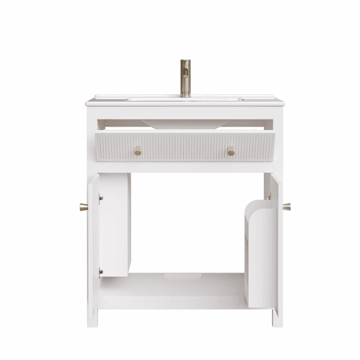 Móvel de casa de banho para lavatório 81 x 46,5 cm - lavatório em cerâmica, 1 gaveta + 1 porta com fecho suave, design moderno estriado, independente - Branco