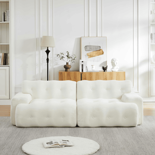 Sofá em forma de nuvem de 2 lugares - design curvo, braços largos, estofamento capitonado moderno, sem montagem - bege
