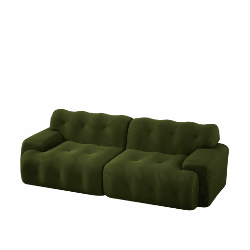 Sofá de 2 lugares grande - braços largos, design moderno com botões, formato curvo, sem montagem - verde
