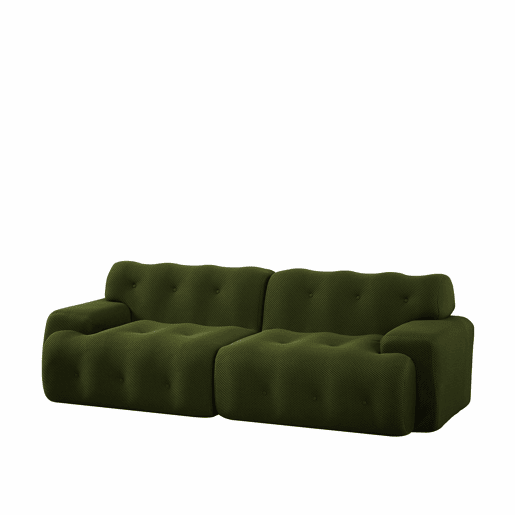 Sofá de 2 lugares grande - braços largos, design moderno com botões, formato curvo, sem montagem - verde