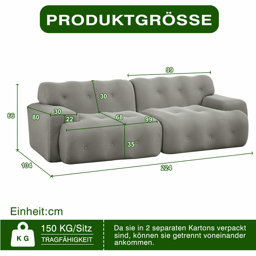 Sofá Cloud de 2 lugares - design moderno e curvo com braços largos e estofamento com botões, sem montagem - cinzento
