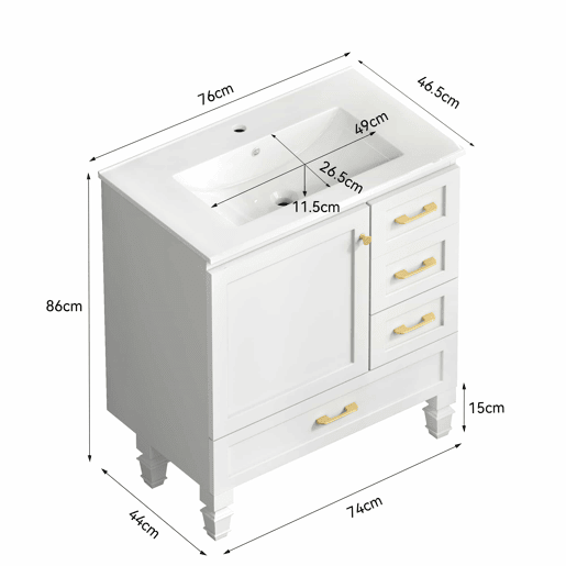 Móvel de casa de banho de 76 cm - amplo espaço de arrumação com 1 porta com fecho suave e 3 gavetas - branco