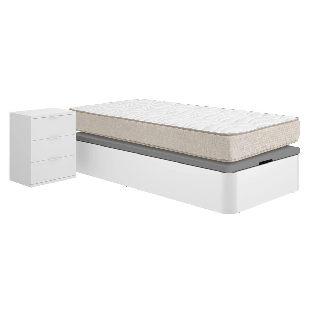 Pack Canapé Round, Colchón viscoelástico Nova, Mesa noche Rio