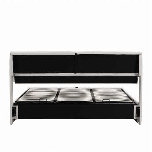 Cama estofada 180x200 cm - com sistema hidráulico, 3 gavetas, baú de arrumação, base com cabeceira, sem colchão, veludo - bege