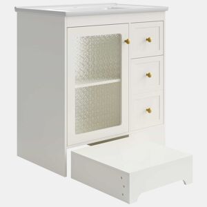Móvel de casa de banho com lavatório - sem dimensões especificadas - com apoio para os pés oculto, lavatório de cerâmica liso, iluminação LED, vidro em relevo e puxadores dourados - Branco