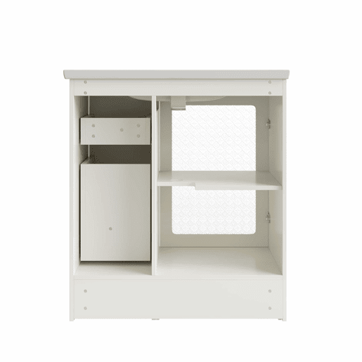 Móvel de casa de banho com lavatório - sem dimensões especificadas - com apoio para os pés oculto, lavatório de cerâmica liso, iluminação LED, vidro em relevo e puxadores dourados - Branco