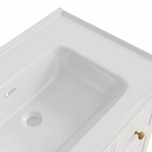 Móvel de casa de banho com lavatório - sem dimensões especificadas - com apoio para os pés oculto, lavatório de cerâmica liso, iluminação LED, vidro em relevo e puxadores dourados - Branco