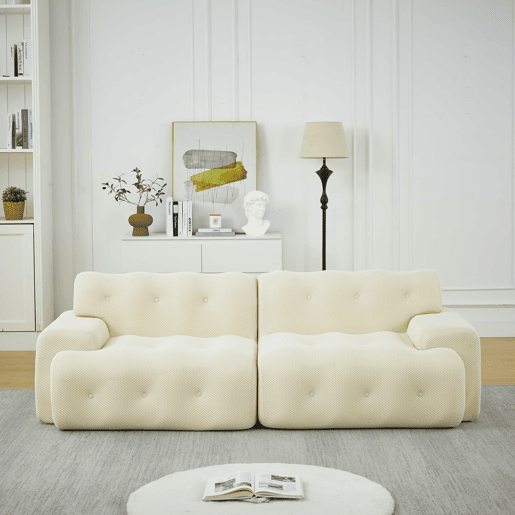 Sofá de 2 lugares grande - braços largos, design moderno com botões, formato curvo, sem montagem - bege