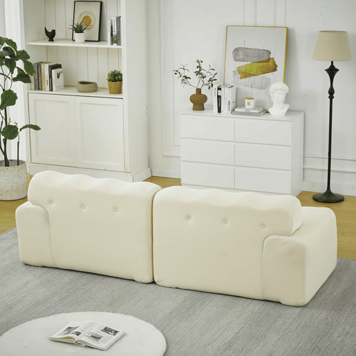 Sofá de 2 lugares grande - braços largos, design moderno com botões, formato curvo, sem montagem - bege