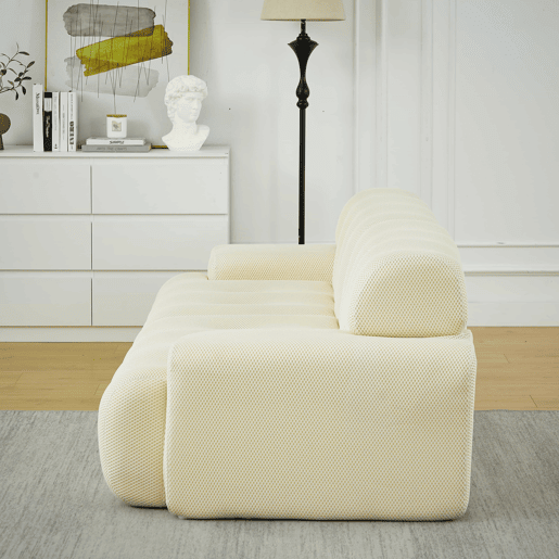 Sofá de 2 lugares grande - braços largos, design moderno com botões, formato curvo, sem montagem - bege
