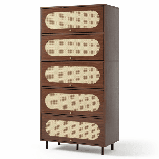 Armário alto 80 x 40 x 163 cm - 5 portas basculantes, rattan, madeira com pés de metal, grande espaço de arrumação, sala, corredor, cozinha - nogueira