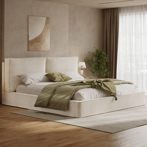 Cama de casal estofada 180x200 cm - baú com abertura hidráulica, com base de ripas e cabeceira acolchoada - bege em veludo