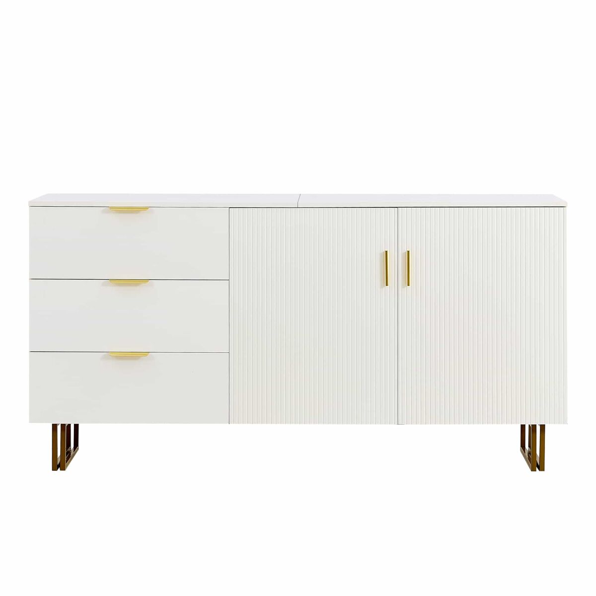 Aparador moderno 160 cm - 2 puertas y 3 cajones, estructura mdf, detalles en aleación de aluminio dorado, patas de acero resistentes, estilo elegante