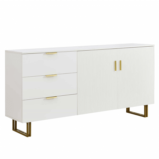 Aparador moderno de 160 cm - 2 portas e 3 gavetas, estrutura em MDF, detalhes em liga de alumínio dourada, pés de aço resistentes, estilo elegante e funcional para a sala de estar ou de jantar - branco