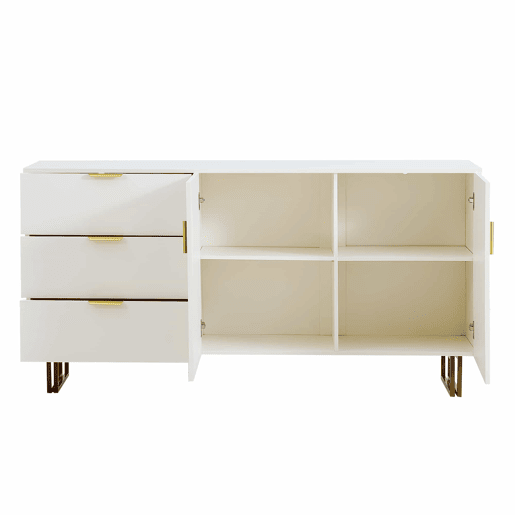 Aparador moderno de 160 cm - 2 portas e 3 gavetas, estrutura em MDF, detalhes em liga de alumínio dourada, pés de aço resistentes, estilo elegante e funcional para a sala de estar ou de jantar - branco