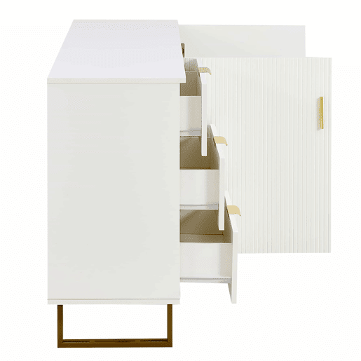 Aparador moderno de 160 cm - 2 portas e 3 gavetas, estrutura em MDF, detalhes em liga de alumínio dourada, pés de aço resistentes, estilo elegante e funcional para a sala de estar ou de jantar - branco