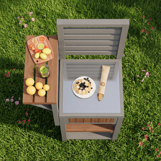 Armário de jardim de tamanho médio - bancada em aço inoxidável, duas prateleiras, zona para churrasco com espaço de arrumação adicional, resistente às intempéries - natural