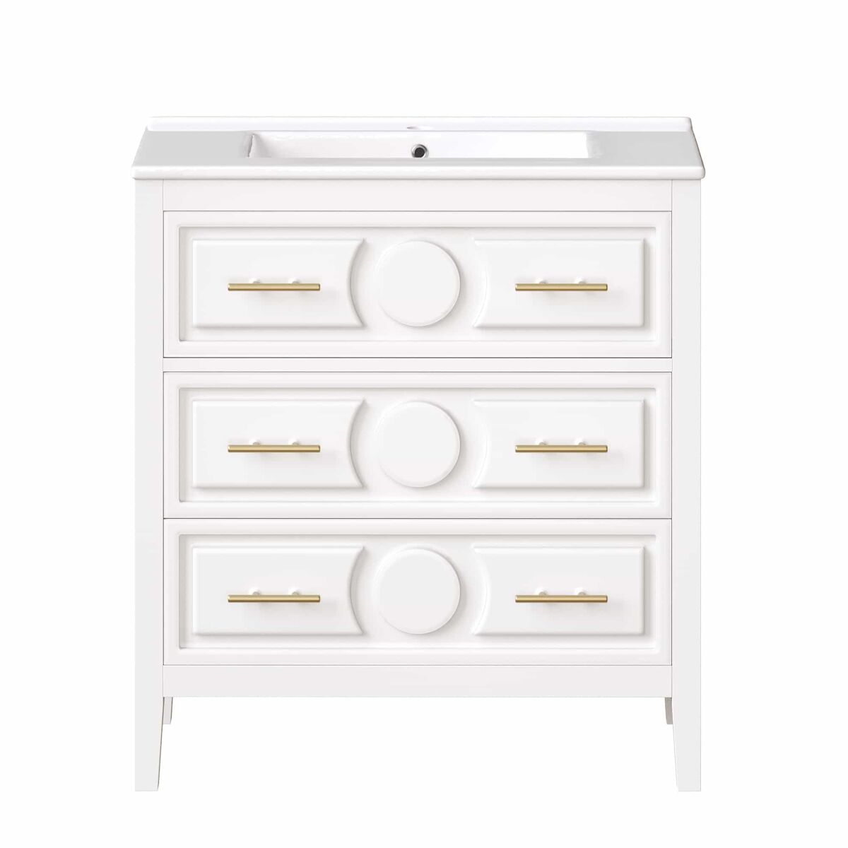 Mueble bajo lavabo de baño 81x46,5 cm - 3 cajones estilo retro, lavabo de cerámica, sistema soft-close, independiente, tiradores metálicos - blanco