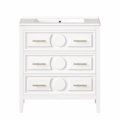 Móvel de lavatório de 81 x 46,5 cm - 3 gavetas de estilo retro, lavatório em cerâmica, sistema de fecho suave, independente, puxadores metálicos - branco
