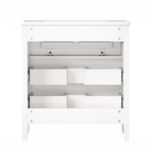 Móvel de lavatório de 81 x 46,5 cm - 3 gavetas de estilo retro, lavatório em cerâmica, sistema de fecho suave, independente, puxadores metálicos - branco
