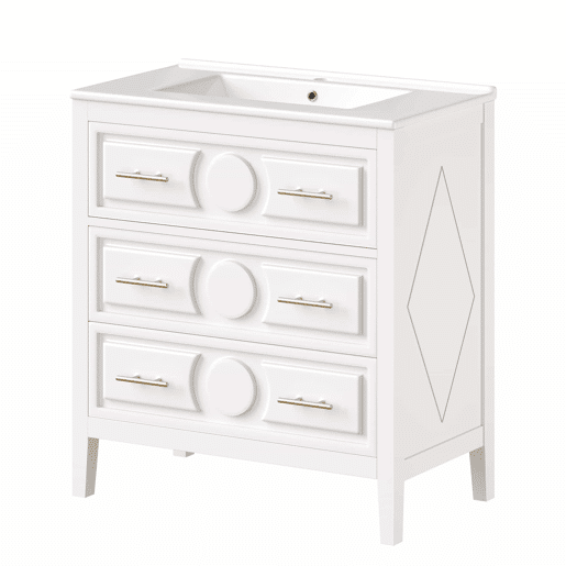 Móvel de lavatório de 81 x 46,5 cm - 3 gavetas de estilo retro, lavatório em cerâmica, sistema de fecho suave, independente, puxadores metálicos - branco