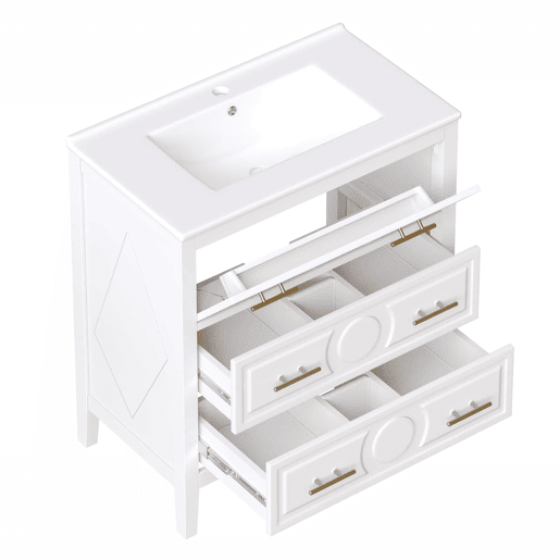 Móvel de lavatório de 81 x 46,5 cm - 3 gavetas de estilo retro, lavatório em cerâmica, sistema de fecho suave, independente, puxadores metálicos - branco