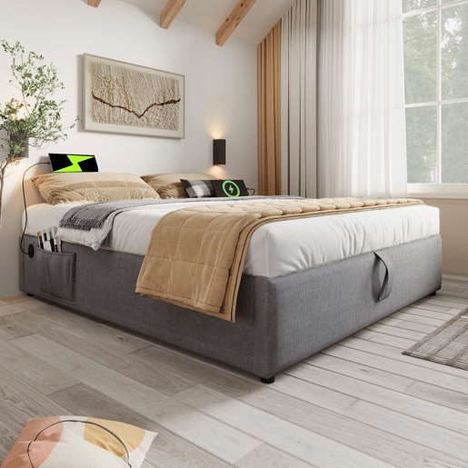 Cama de casal estofada 160x200 cm - cama com arrumação, porta USB-C, base de ripas completa, sem cabeceira, algodão - cinzento