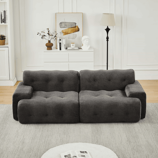 Sofá de 2 lugares - design moderno curvo com braços largos e estofamento com botões, sem montagem - cinzento