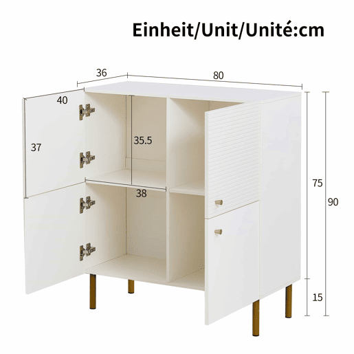 Aparador moderno - MDF com puxadores em liga de zinco e pés em aço, design elegante para a sala de estar, quarto e hall de entrada - Branco