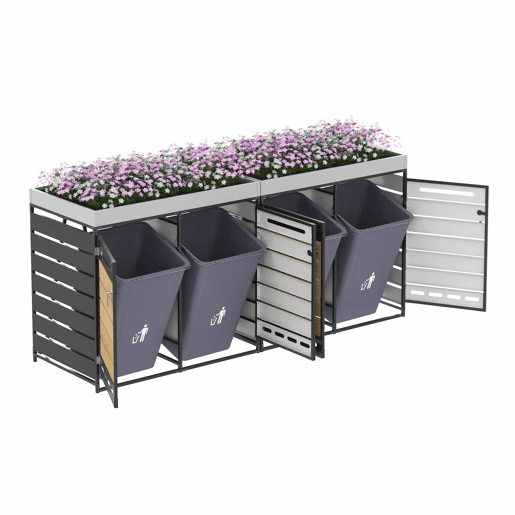 Caixote do lixo grande - com vaso para plantas, ripas de madeira horizontais, ventilação perfurada, armário de jardim em ferro com fechadura - Preto