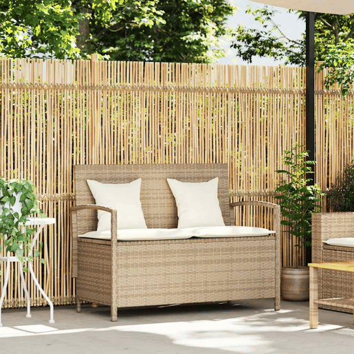 vidaXL Banco de jardim para arrumação com almofada vime PE bege