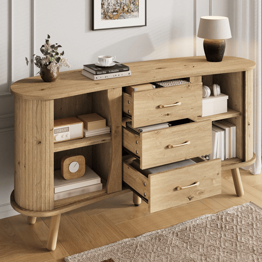 Aparador de dimensões não especificadas - design ondulado com ranhuras, duas portas de correr, três gavetas, prateleiras ajustáveis, pés em madeira maciça, estilo escandinavo moderno, MDF - Natural