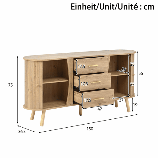 Aparador de dimensões não especificadas - design ondulado com ranhuras, duas portas de correr, três gavetas, prateleiras ajustáveis, pés em madeira maciça, estilo escandinavo moderno, MDF - Natural