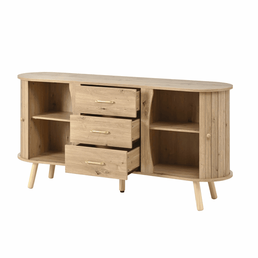 Aparador de dimensões não especificadas - design ondulado com ranhuras, duas portas de correr, três gavetas, prateleiras ajustáveis, pés em madeira maciça, estilo escandinavo moderno, MDF - Natural
