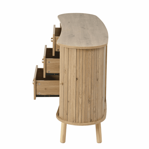Aparador de dimensões não especificadas - design ondulado com ranhuras, duas portas de correr, três gavetas, prateleiras ajustáveis, pés em madeira maciça, estilo escandinavo moderno, MDF - Natural