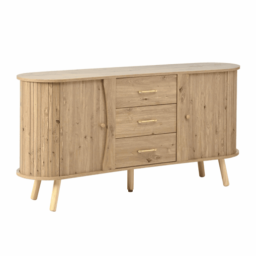 Aparador de dimensões não especificadas - design ondulado com ranhuras, duas portas de correr, três gavetas, prateleiras ajustáveis, pés em madeira maciça, estilo escandinavo moderno, MDF - Natural