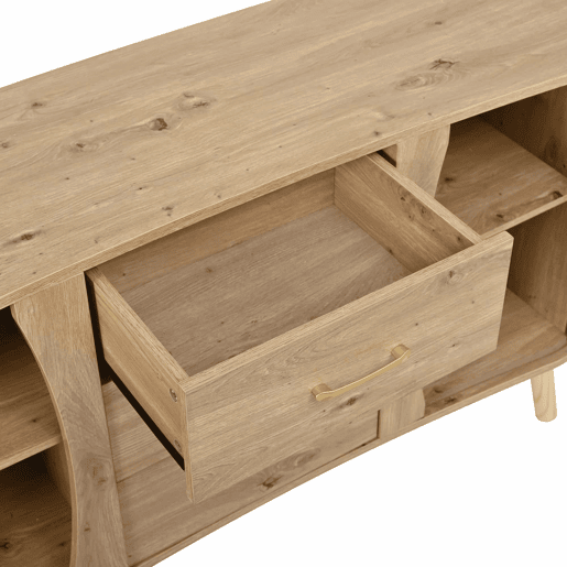 Aparador de dimensões não especificadas - design ondulado com ranhuras, duas portas de correr, três gavetas, prateleiras ajustáveis, pés em madeira maciça, estilo escandinavo moderno, MDF - Natural