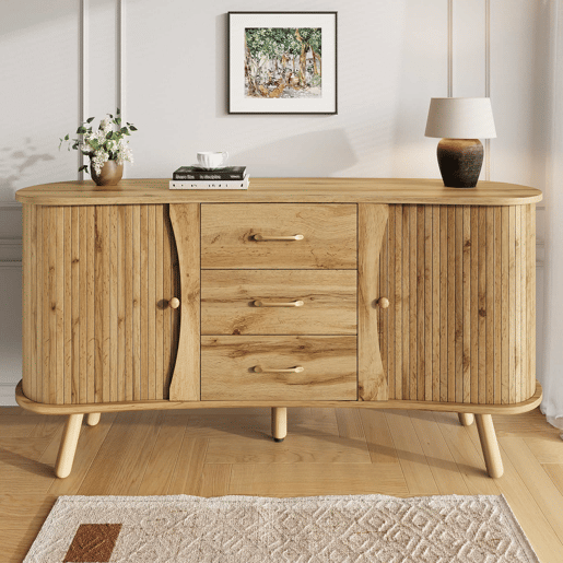Aparador u2014 design com ranhuras, 2 portas de correr, 3 gavetas, compartimentos com altura ajustável, pés em madeira maciça, estilo escandinavo moderno, MDF - natural