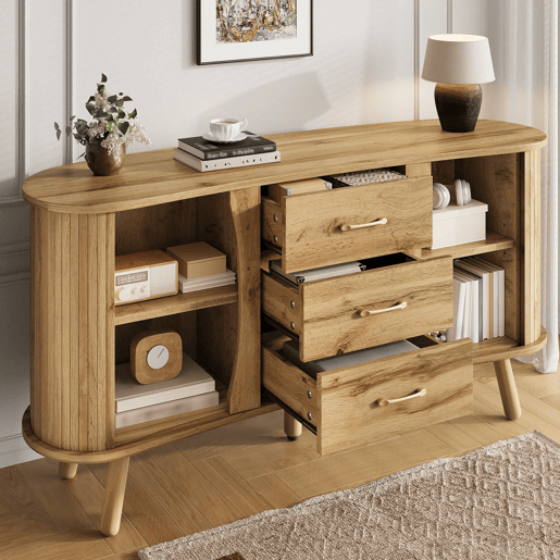 Aparador u2014 design com ranhuras, 2 portas de correr, 3 gavetas, compartimentos com altura ajustável, pés em madeira maciça, estilo escandinavo moderno, MDF - natural