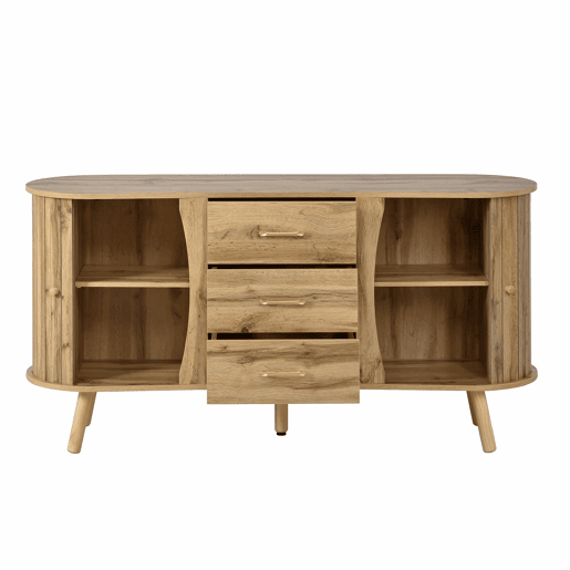Aparador u2014 design com ranhuras, 2 portas de correr, 3 gavetas, compartimentos com altura ajustável, pés em madeira maciça, estilo escandinavo moderno, MDF - natural