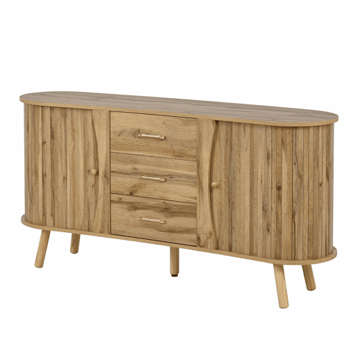 Aparador u2014 design com ranhuras, 2 portas de correr, 3 gavetas, compartimentos com altura ajustável, pés em madeira maciça, estilo escandinavo moderno, MDF - natural