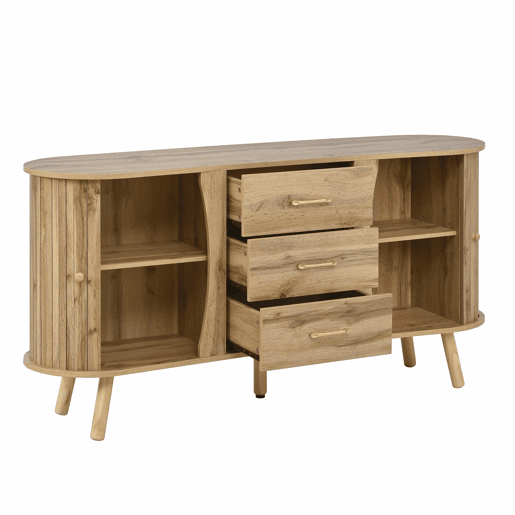 Aparador u2014 design com ranhuras, 2 portas de correr, 3 gavetas, compartimentos com altura ajustável, pés em madeira maciça, estilo escandinavo moderno, MDF - natural
