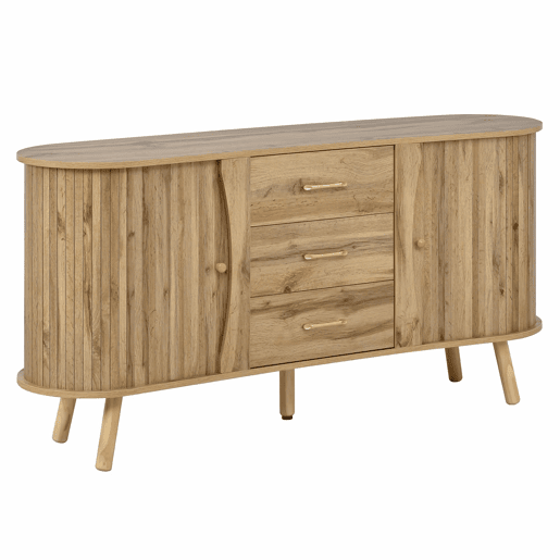 Aparador u2014 design com ranhuras, 2 portas de correr, 3 gavetas, compartimentos com altura ajustável, pés em madeira maciça, estilo escandinavo moderno, MDF - natural