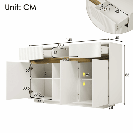 Aparador 140 x 40 x 85 cm - com LED, 2 gavetas, 3 portas, prateleiras ajustáveis, design moderno, sala, corredor, cozinha - branco
