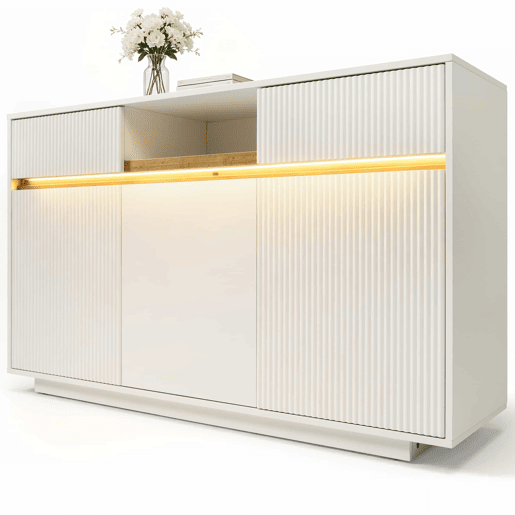 Aparador 140 x 40 x 85 cm - com LED, 2 gavetas, 3 portas, prateleiras ajustáveis, design moderno, sala, corredor, cozinha - branco