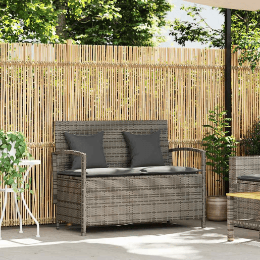 vidaXL Banco de jardim para arrumação com almofada vime PE cinzento