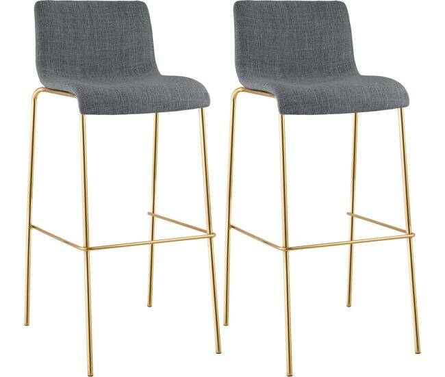 Set de 2 taburetes de bar hover de tela con estructura de cuatro patas dorada gris claro 48x43x100 cm